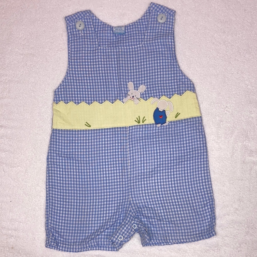 Vintage gingham 18m bunny shortall romper